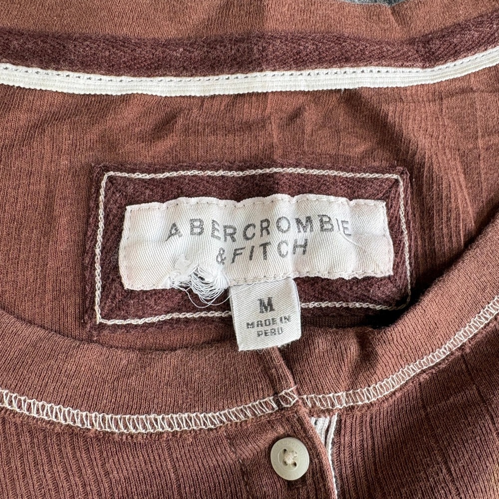 Abercrombie & Fitch Brown Ribbed Henley Top Y2K Logo Contrast Stitch Size M - Picture 3 of 6